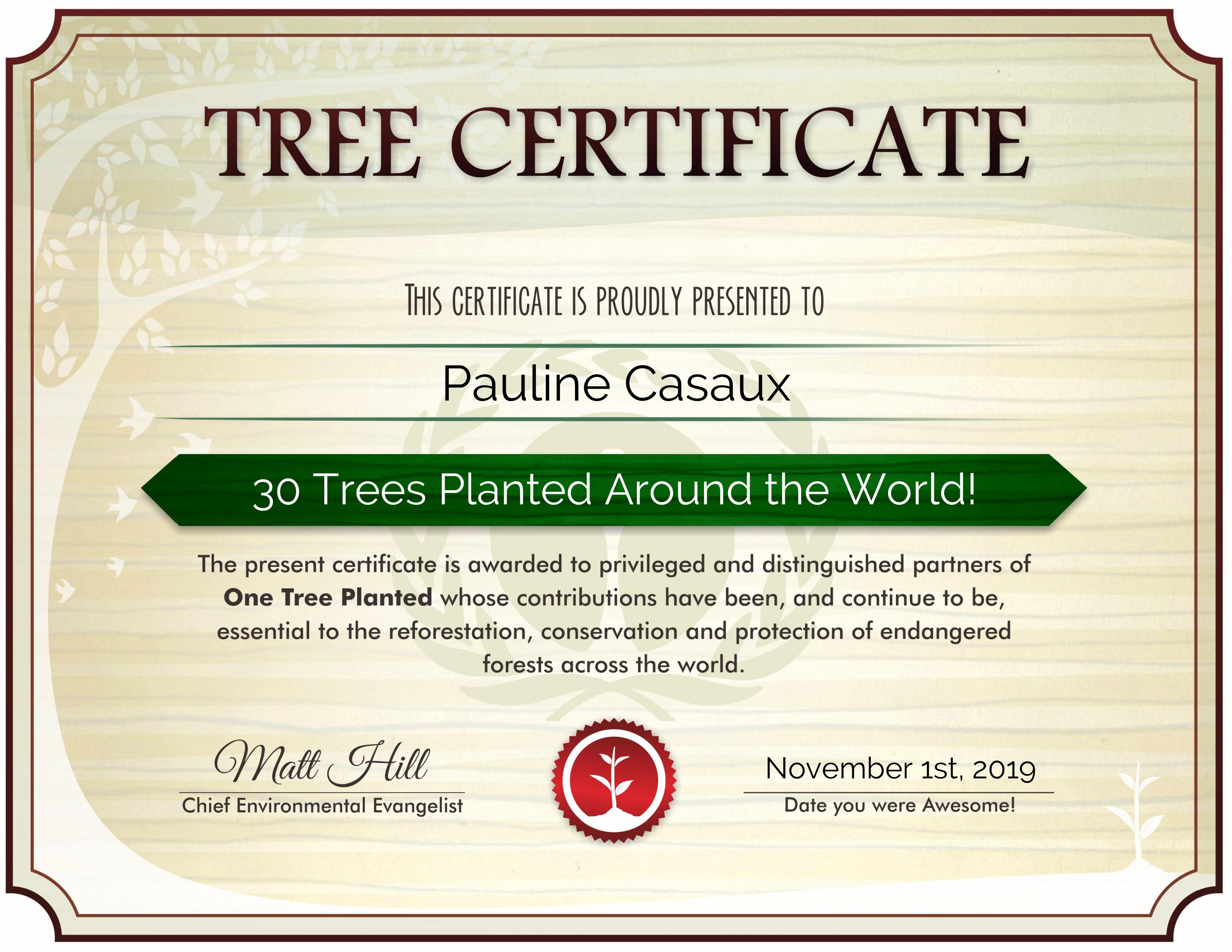 certificat one tree planted arbre